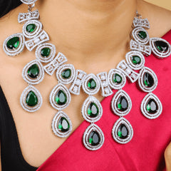 Silver Plated Emerald American Drop Diamond Necklace Set with Earrings