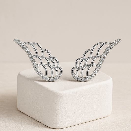 925 Sterling Silver Rhodium Plated Wing Design Ear Cuffs with Cubic Zirconia