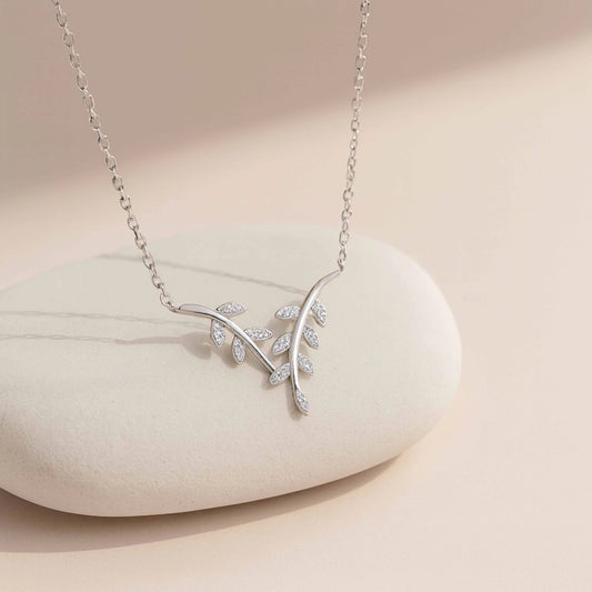 925 Sterling Silver Leaf Motif Necklace with CZ Accents