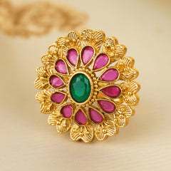 Gold Plated Green Stone Flower Rajwadi Rings