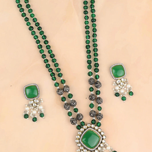 Rajwadi Majestic Green Kundan Necklace with Earrings - Rukhmani
