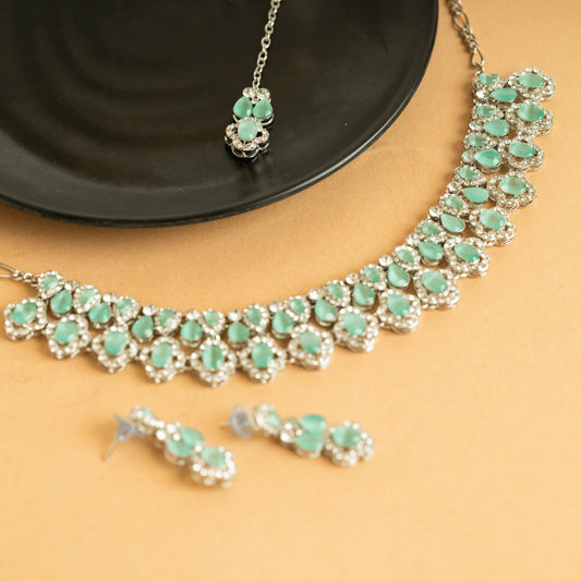 Silver Plated American Diamond Beautiful Design Necklace Set with Earrings and Bindi - Rukhmani