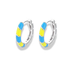 925 Sterling Silver Huggie Hoop Earrings with Yellow and Blue Enamel|Rhodium Plated