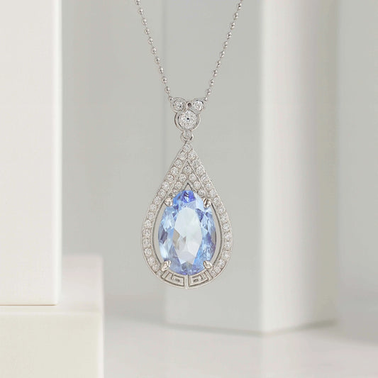 Teardrop Halo Pendant with Blue Gemstone in 925 Sterling Silver