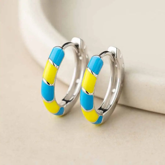 925 Sterling Silver Huggie Hoop Earrings with Yellow and Blue Enamel|Rhodium Plated