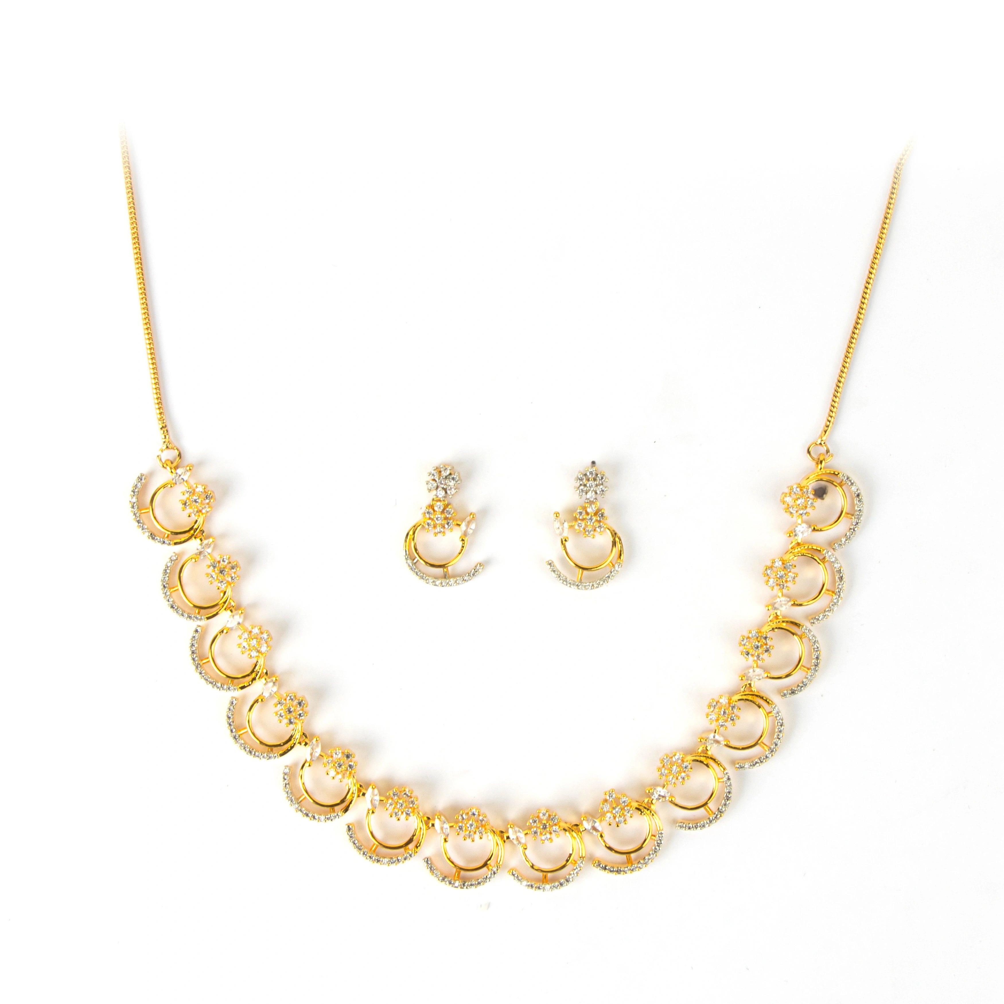 Contemporary Curved Diamond Necklace with Earrings - Rukhmani