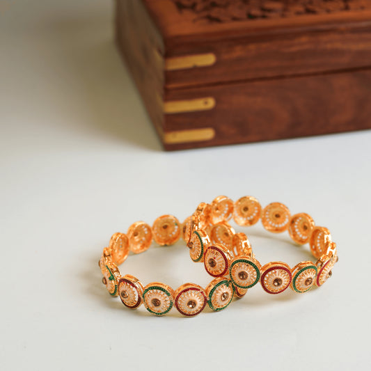 Fancy Gold Plated Red and Green Color White Stone Small Temple Bangles