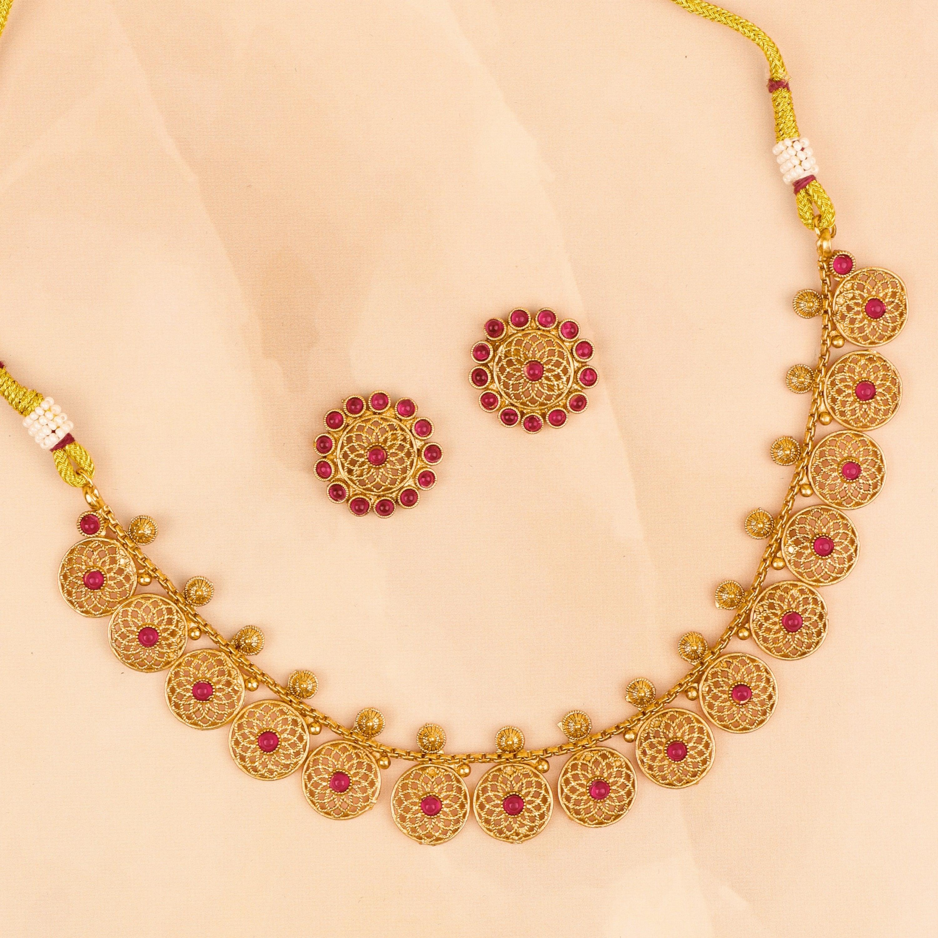 Majestic Red Stone South Indian Necklace with Earrings - Rukhmani