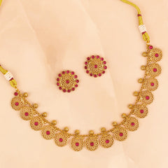 Majestic Red Stone South Indian Necklace with Earrings - Rukhmani