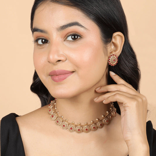 Majestic Red Stone South Indian Necklace with Earrings - Rukhmani