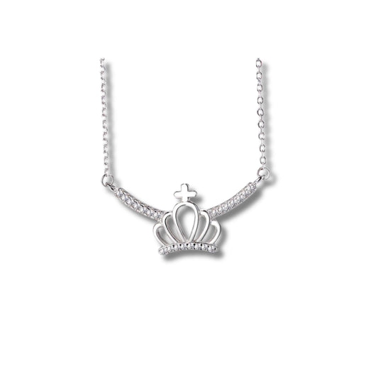 925 Sterling Silver Rhodium Plated Crown Necklace with Cubic Zirconia