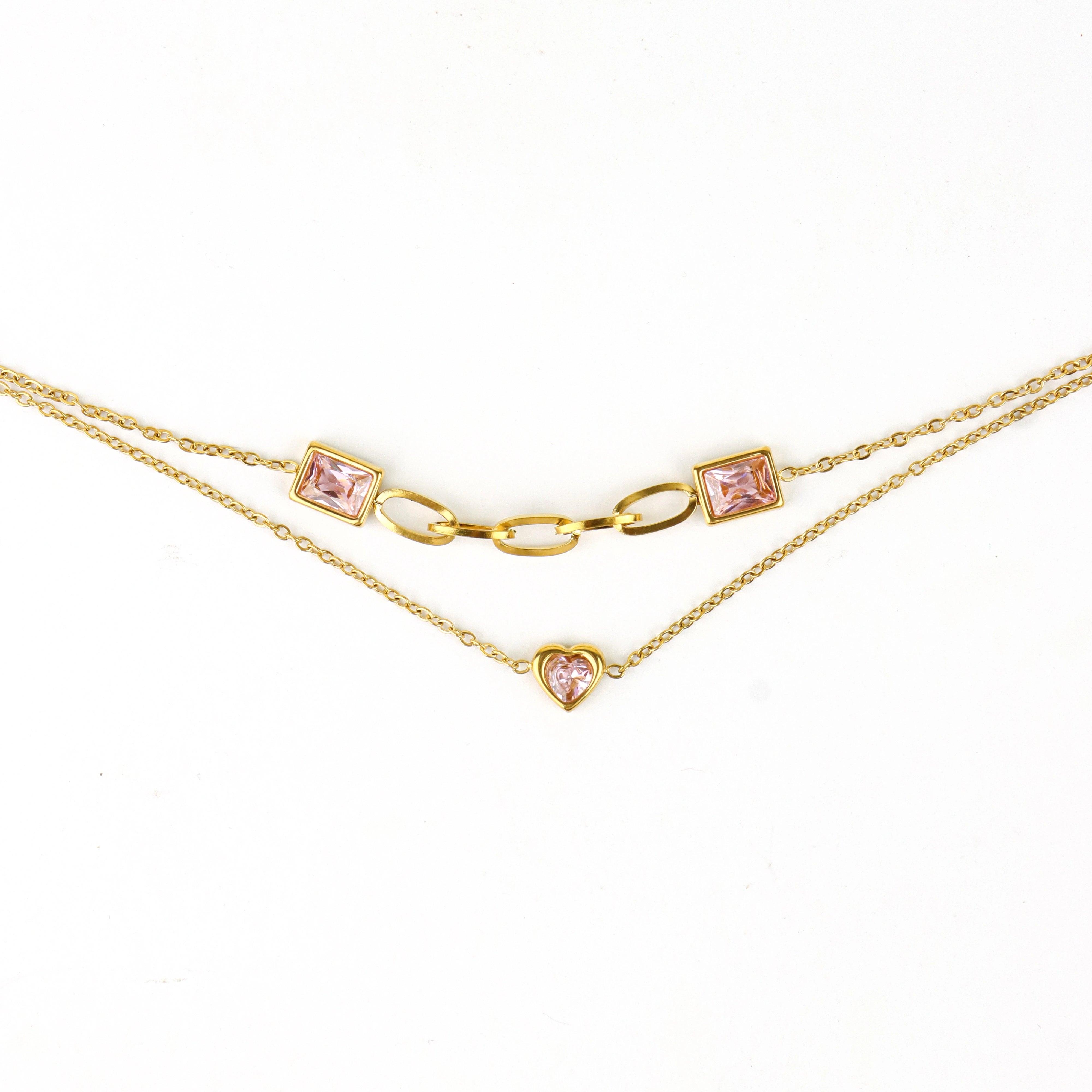 Pink Diamond Heart Double Chain Bracelet - Rukhmani
