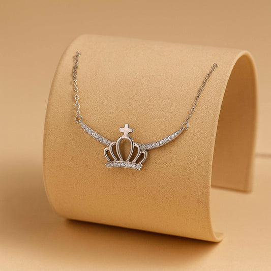 925 Sterling Silver Rhodium Plated Crown Necklace with Cubic Zirconia