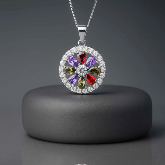 Round Multicolor Stone Pendant in 925 Sterling Silver
