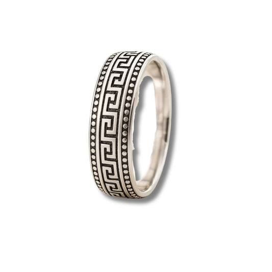 925 Sterling Silver Men’s Ring | Rhodium Plated Greek Key Design Band