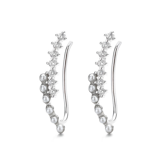 925 Sterling Silver Rhodium Plated Pearl and Cubic Zirconia Ear Cuffs