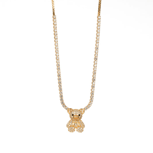 Gold Plated Crystal Teddy Bear Pendant Chain Necklace