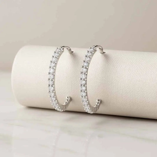 925 Sterling Silver Full CZ Hoop Earrings|Rhodium Plated