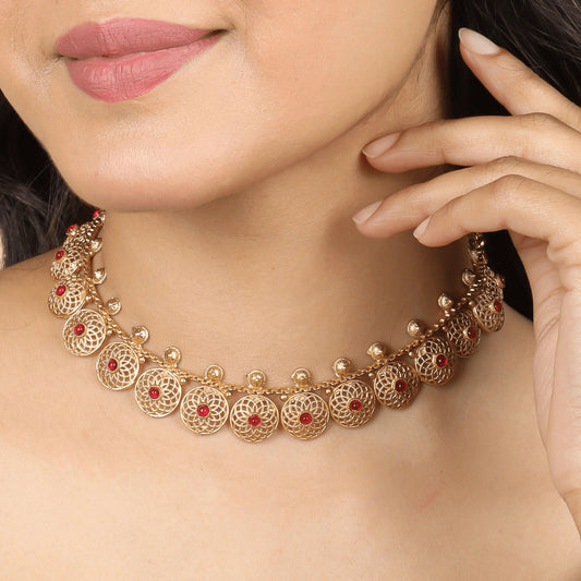 Majestic Red Stone South Indian Necklace with Earrings - Rukhmani