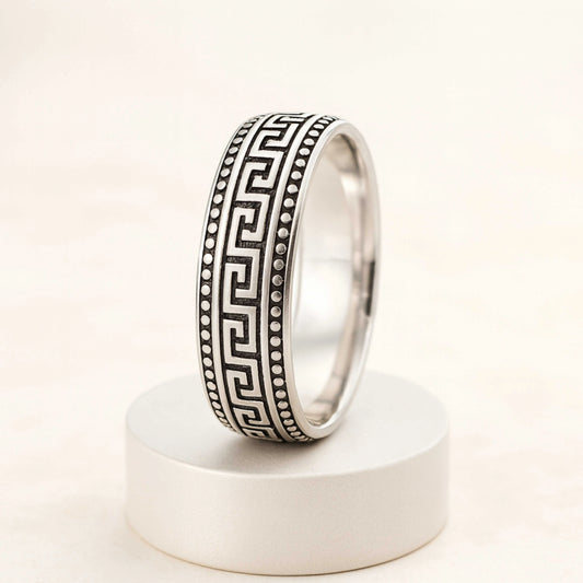925 Sterling Silver Men’s Ring | Rhodium Plated Greek Key Design Band