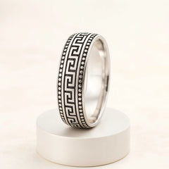 925 Sterling Silver Men’s Ring | Rhodium Plated Greek Key Design Band