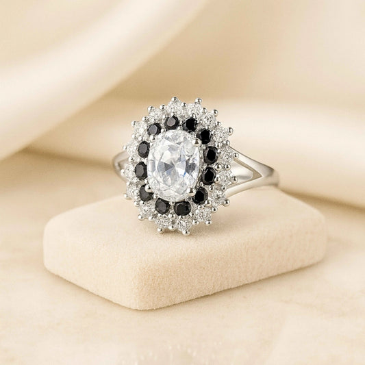 925 Sterling Silver Royal Halo Oval Ring with Black & White Stones