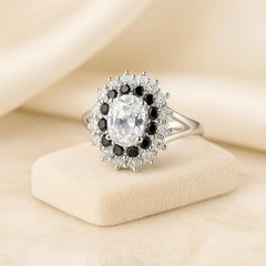 925 Sterling Silver Royal Halo Oval Ring with Black & White Stones