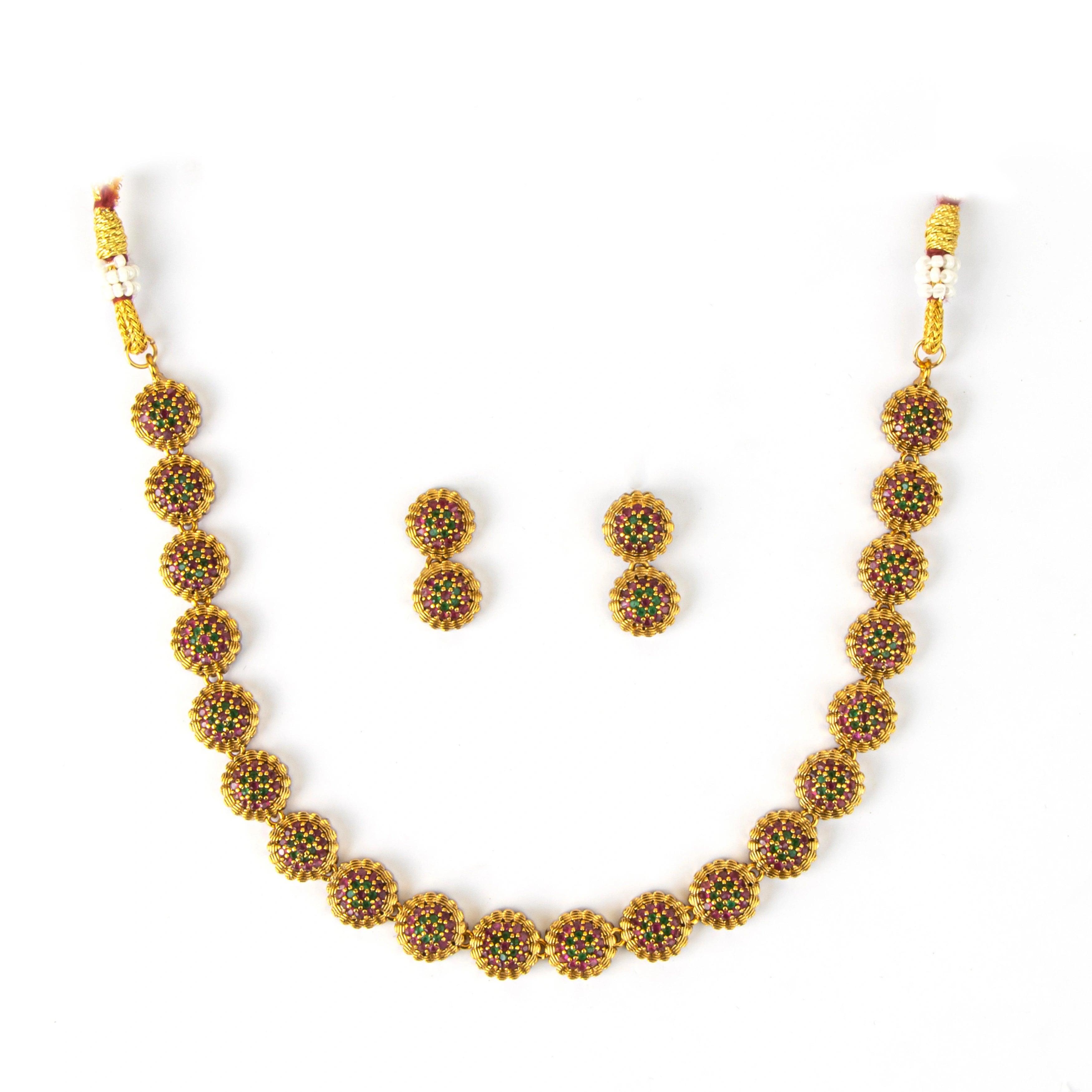 Colored Stone South Indian Necklace with Earrings - Rukhmani