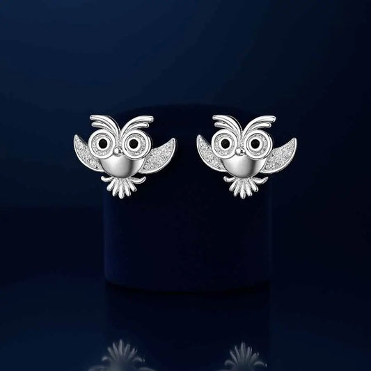 925 Sterling Silver Owl Stud Earrings – Rhodium Plated with Cubic Zirconia