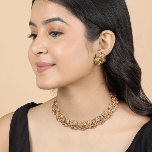 Royal South Indian Green Stone Necklace with Earrings - Rukhmani
