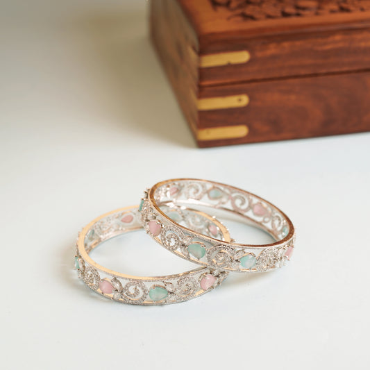 Pink and Light Blue Diamond with Clear Crystals Fancy Design Bangles
