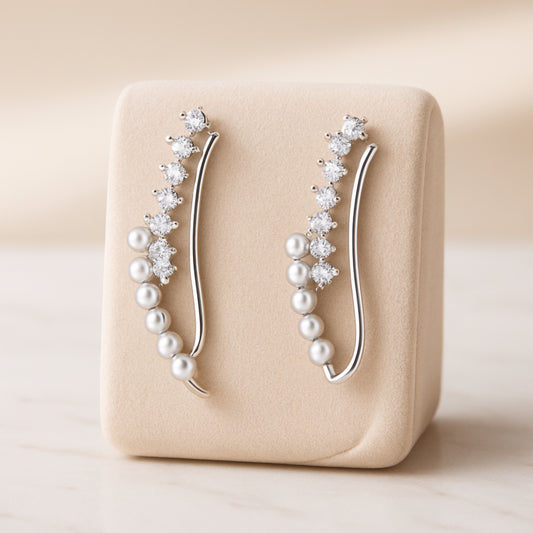 925 Sterling Silver Rhodium Plated Pearl and Cubic Zirconia Ear Cuffs