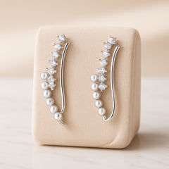 925 Sterling Silver Rhodium Plated Pearl and Cubic Zirconia Ear Cuffs