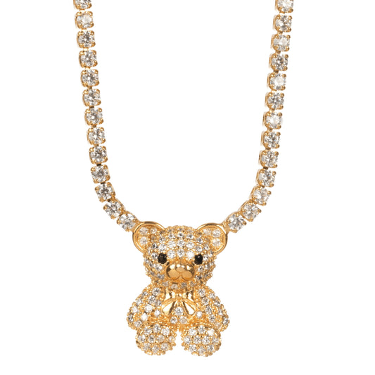 Gold Plated Crystal Teddy Bear Pendant Chain Necklace