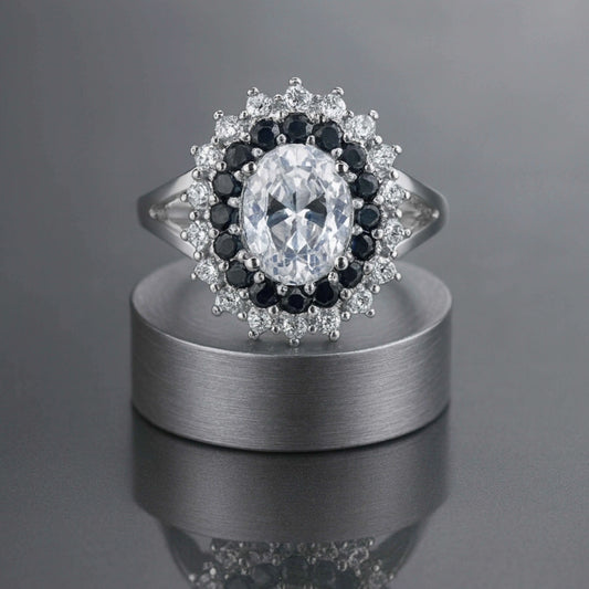 925 Sterling Silver Royal Halo Oval Ring with Black & White Stones