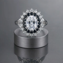 925 Sterling Silver Royal Halo Oval Ring with Black & White Stones