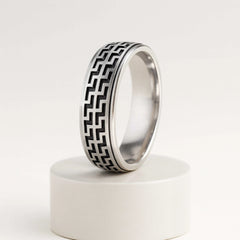 925 Sterling Silver Men’s Ring | Rhodium Plated Geometric Pattern Band