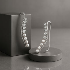 925 Sterling Silver Rhodium Plated Pearl and Cubic Zirconia Ear Cuffs