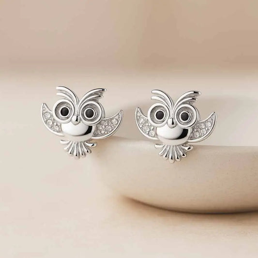 925 Sterling Silver Owl Stud Earrings – Rhodium Plated with Cubic Zirconia