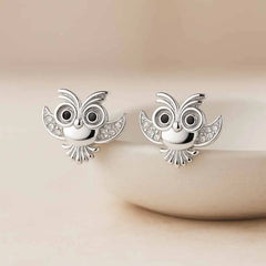 925 Sterling Silver Owl Stud Earrings – Rhodium Plated with Cubic Zirconia