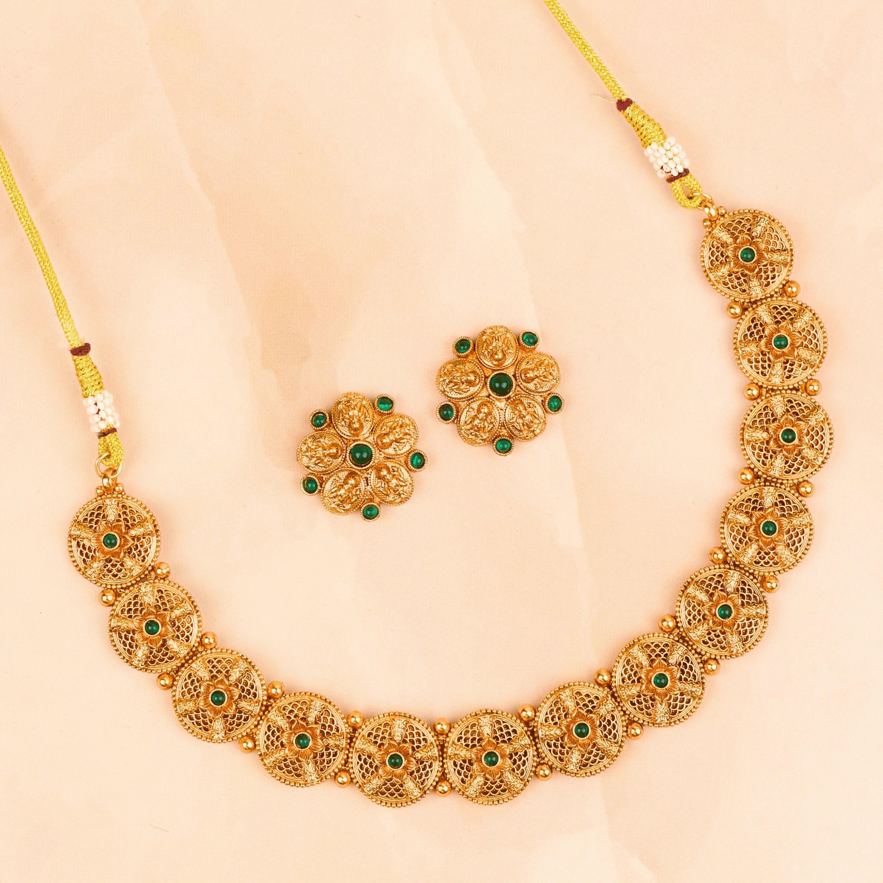 Royal South Indian Green Stone Necklace with Earrings - Rukhmani