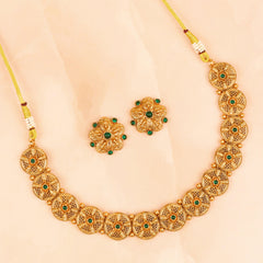 Royal South Indian Green Stone Necklace with Earrings - Rukhmani