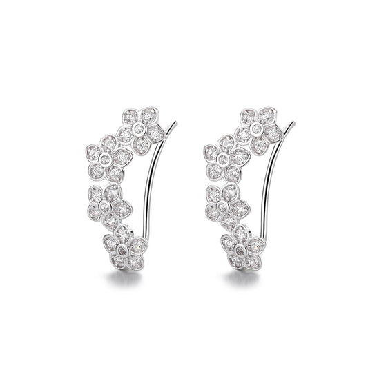 925 Sterling Silver Rhodium Plated Floral Ear Cuffs with Cubic Zirconia