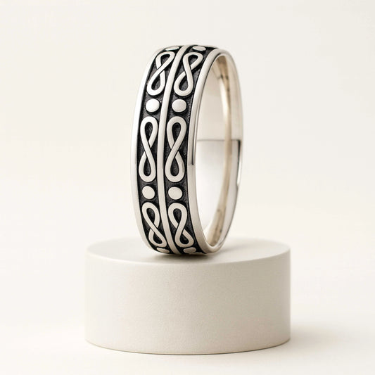925 Sterling Silver Men’s Ring | Rhodium Plated Infinity Pattern Band