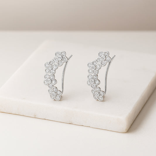 925 Sterling Silver Rhodium Plated Floral Ear Cuffs with Cubic Zirconia