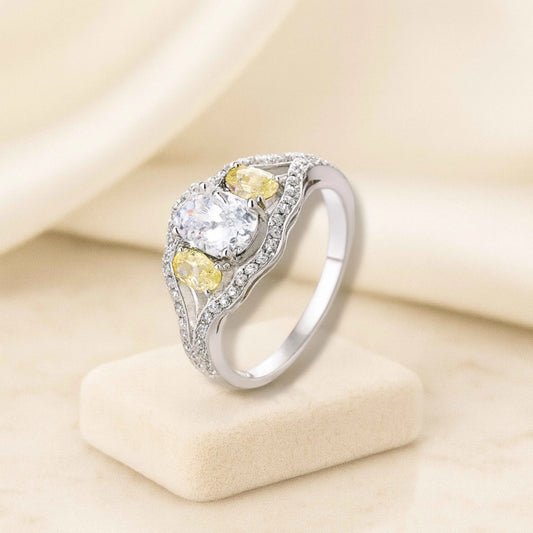925 Sterling Silver Oval Cut White & Yellow CZ Engagement Ring