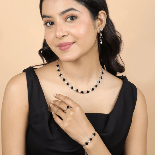 Black Stone Diamond Necklace Set with Ring, Earrings, and Bracelet - Rukhmani