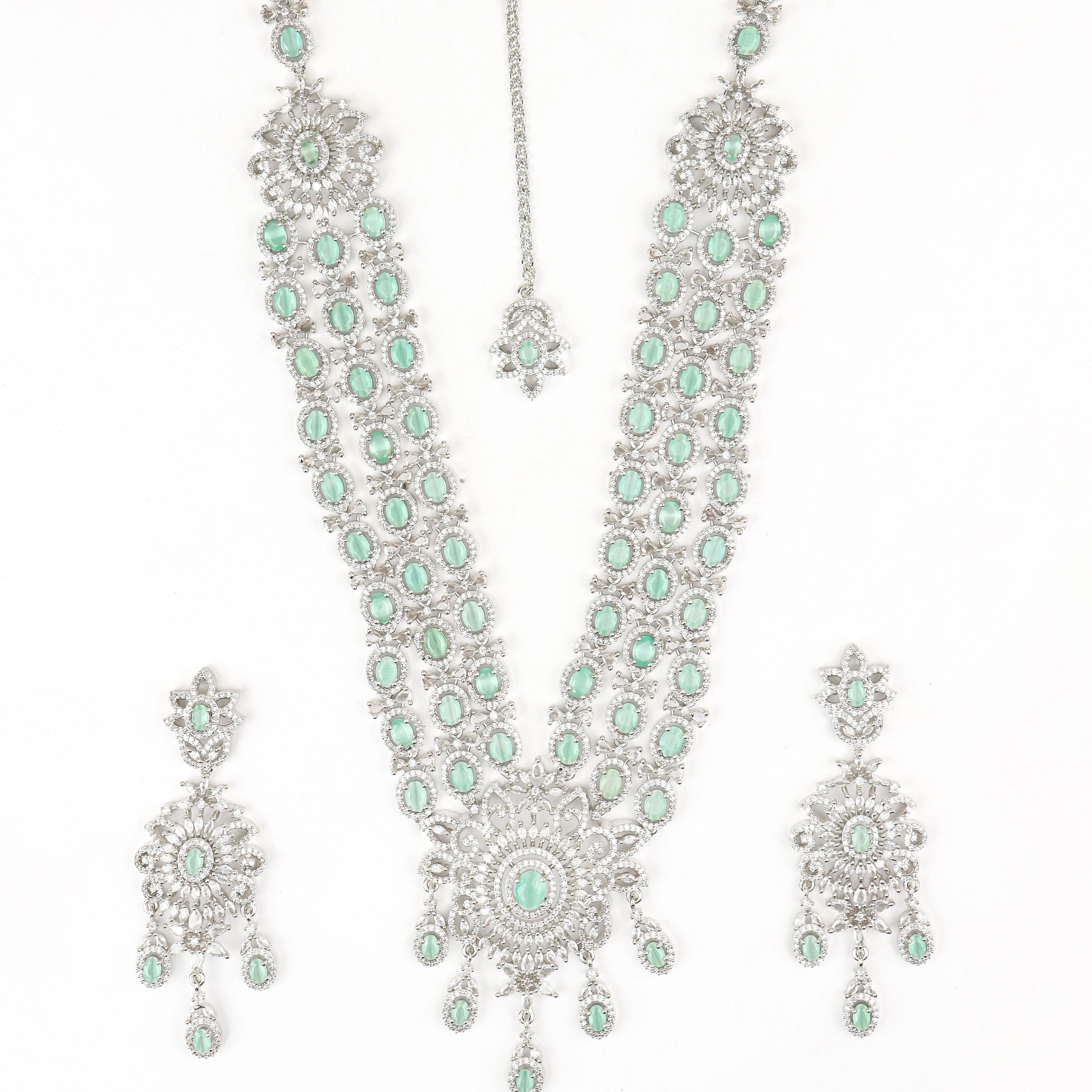 Layered American Diamond With Mint Color Stone With Earrings And Mangtika - Rukhmani
