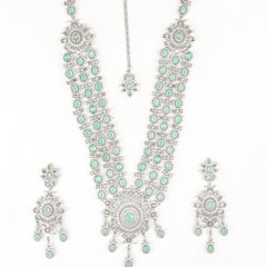 Layered American Diamond With Mint Color Stone With Earrings And Mangtika - Rukhmani