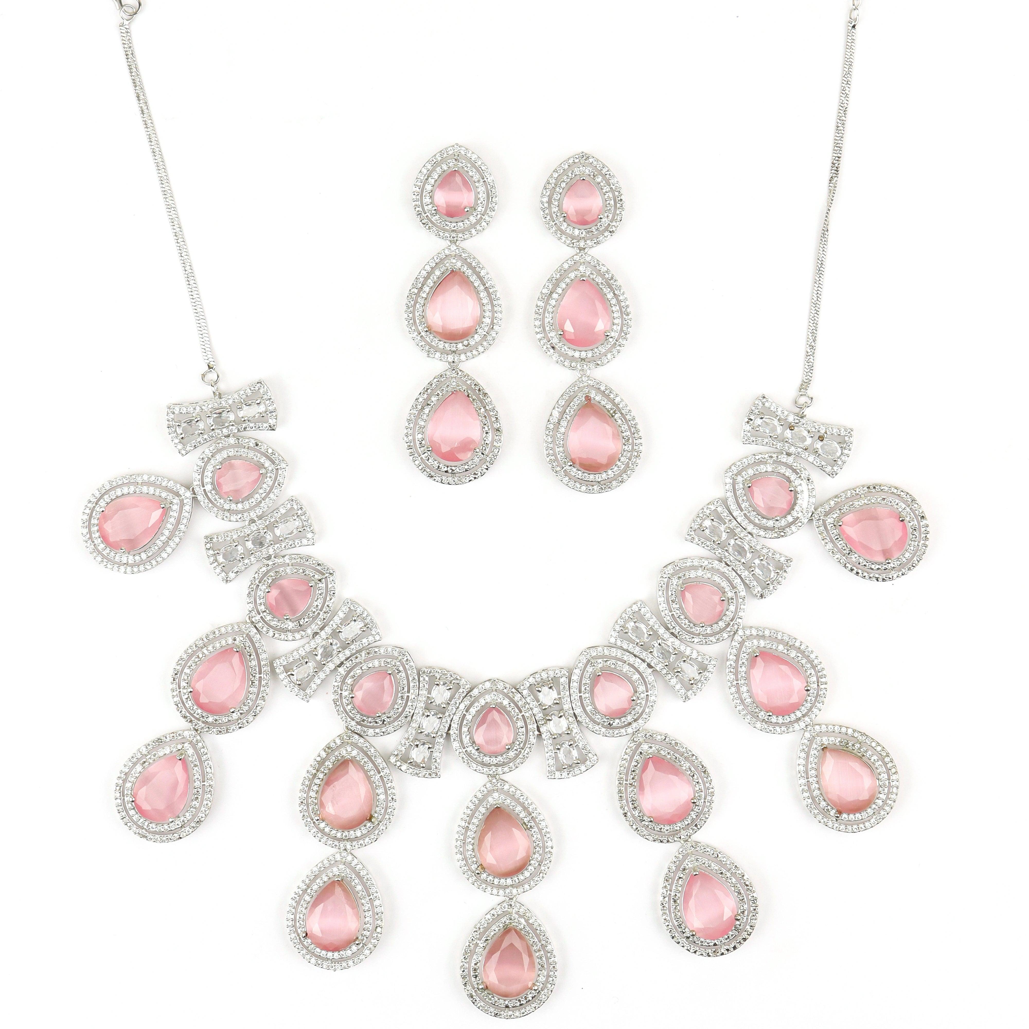 Pastel Pink American Drop Diamond Necklace Set - Rukhmani